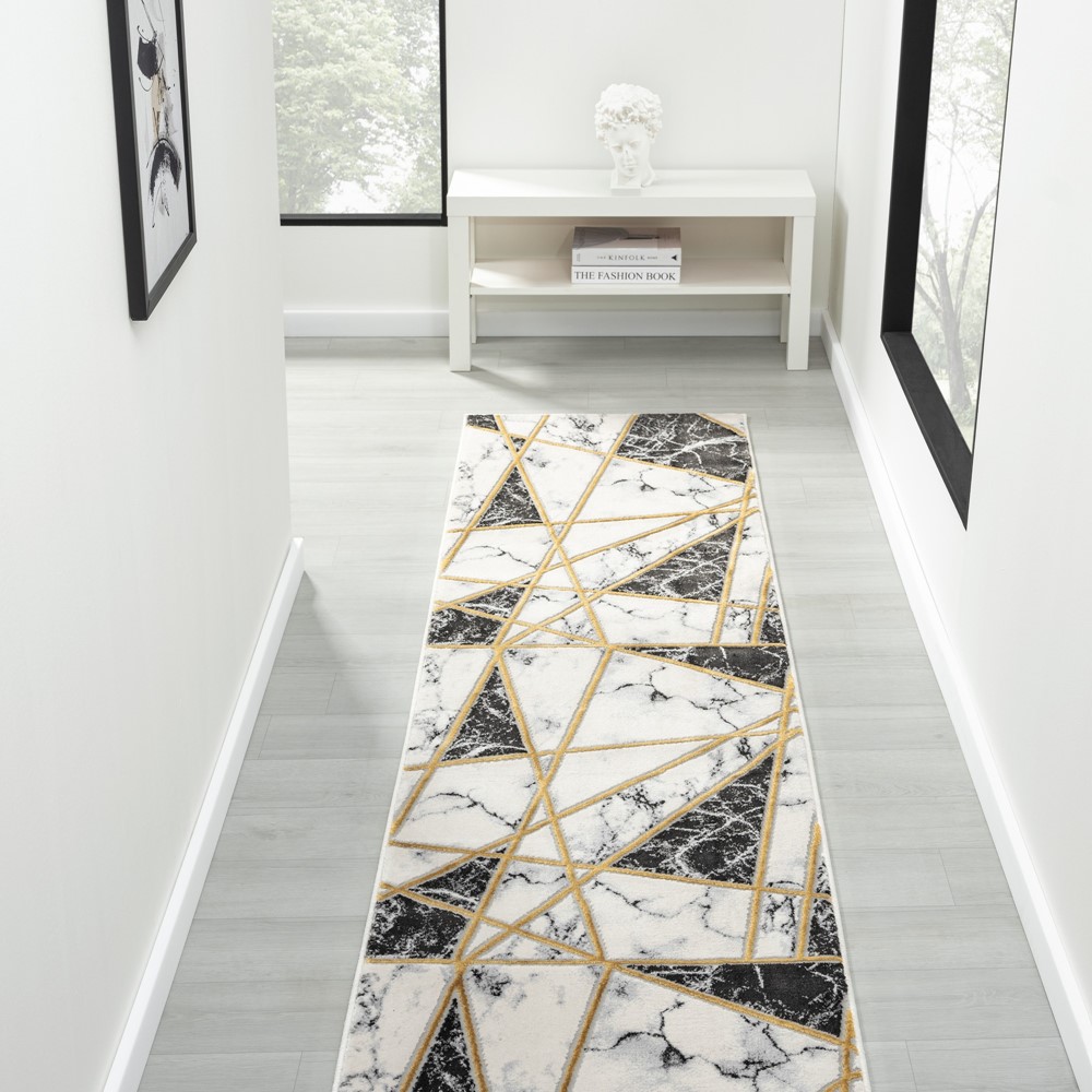 Bianco 185MA Marble Geometric Runner Rug in Black Cream